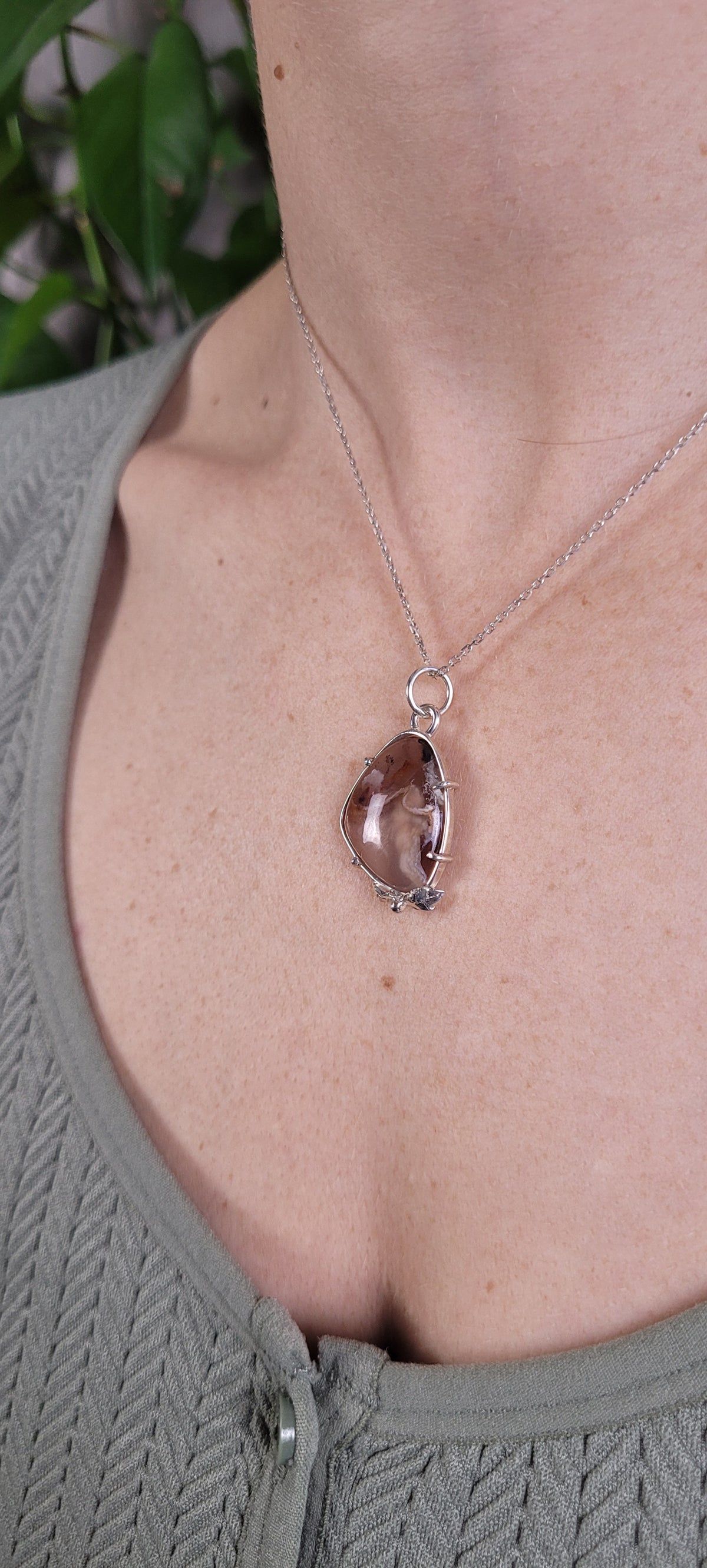 Nova Scotia fire agate and leaves pendant
