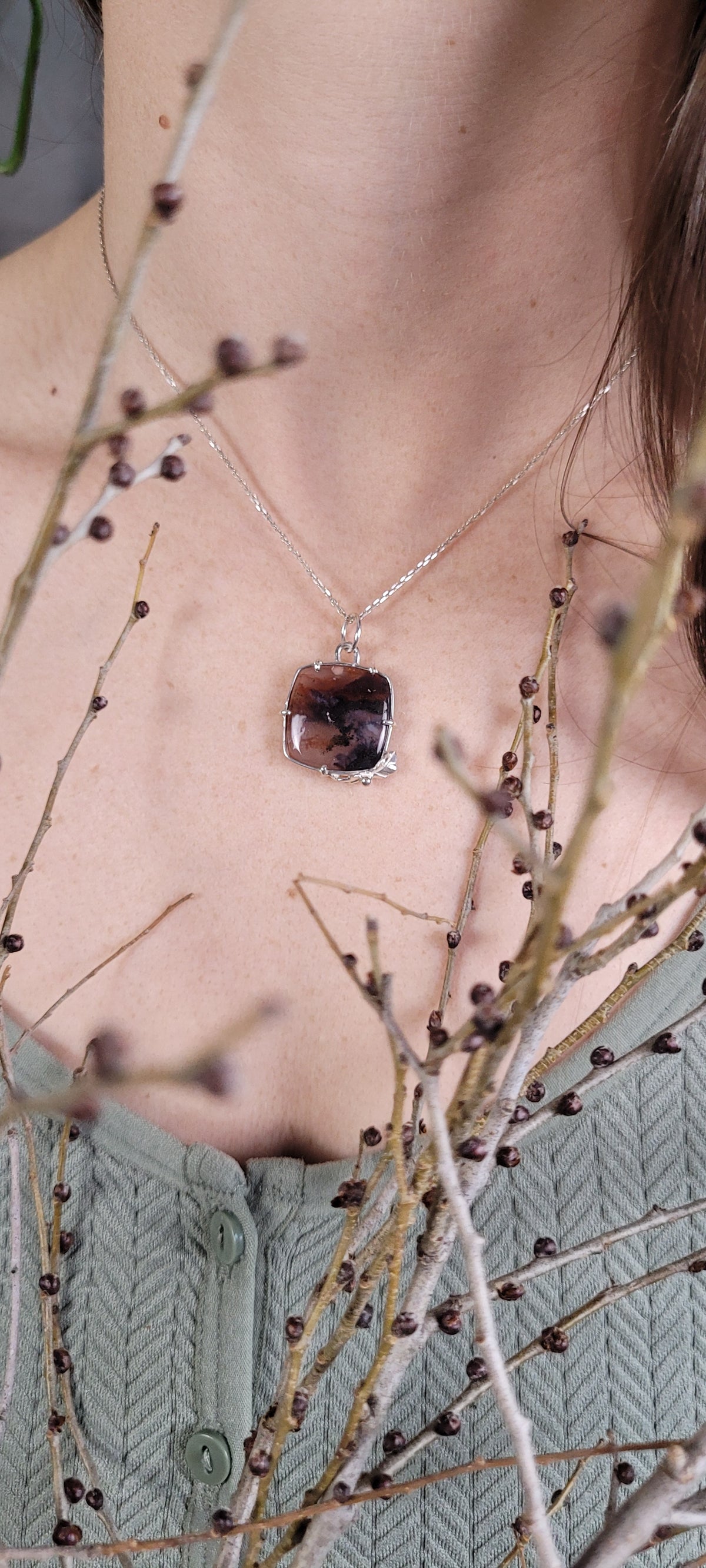Nova Scotia fire agate and leaves pendant