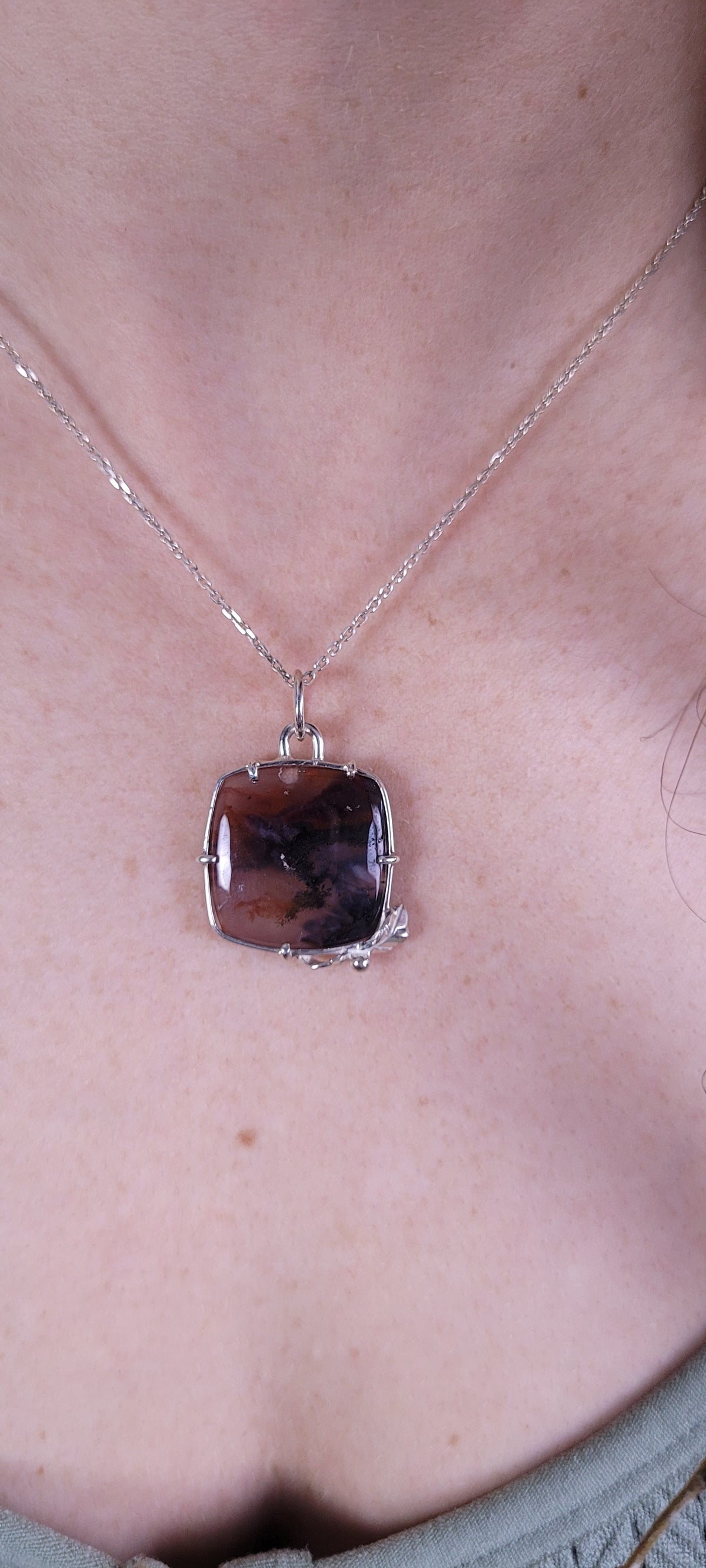 Nova Scotia fire agate and leaves pendant
